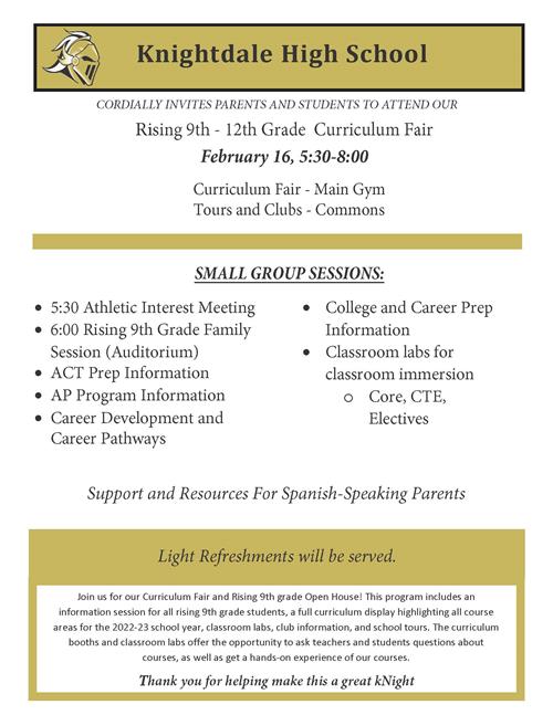 Curriculum Night is February 16 from 5:30-8:00. Contact Nick Taylor for more information.